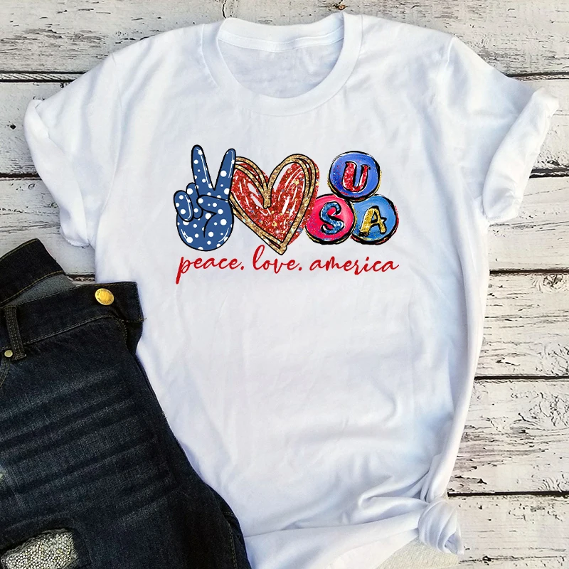 Рубашка Peace Love America Женская мода 2020 футболка 4 июля Harajuku размера плюс свободная США