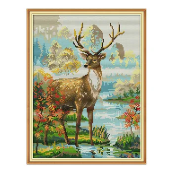 

Stag 2 Printed Cross Stitch Kits Pattern Embroidery Set 14CT 11CT White Canvas Needlework Crafts Sewing Handmade Home Decoration