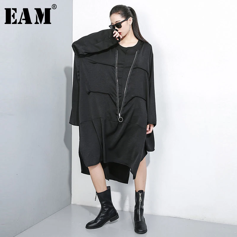 

[EAM] Women Zipper Split Big Size Irregular Dress New Round Neck Long Sleeve Loose Fit Fashion Tide Spring Autumn 2019 1B778