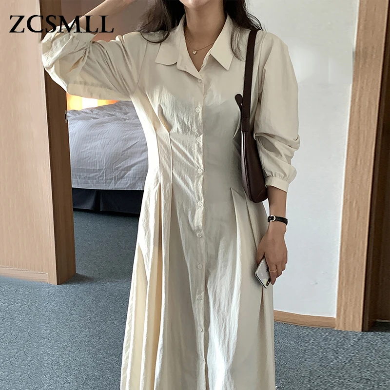 

ZCSMLL Niche Lapel Single-breasted Pleated Waist Slimming Knee-length Long Puff Sleeve Dress Female Korean Autumn