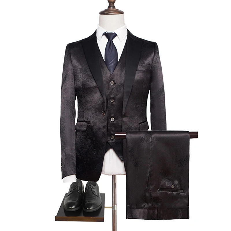 Осень Новые мужские костюмы slim fit модный принт современные мужские свадебные костюмы шикарный смокинг мужские - Цвет: Черный