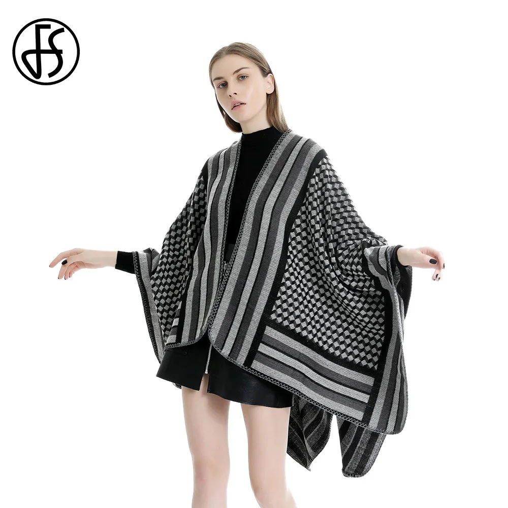 FS Elegant Thicken Winter Ponchos For Women Cape Cashmere Pashmina Shawl Lady Fashion Geometric Blanket Woman Scarf Red Foulard
