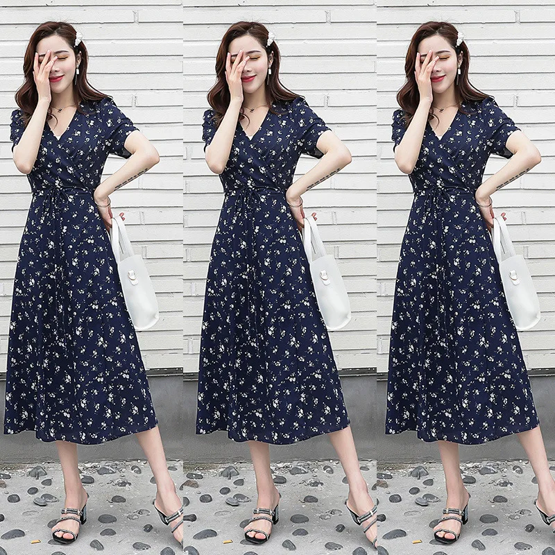 

2019 New Style Western Style Blue Floral Thin Drape Waist Hugging Dress Women's Summer Mid-length Summer Chiffon Skirt