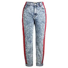 Новинка, европейские и американские осенние и зимние джинсовые брюки, синие свободные прямые женские джинсы со снежинками и лентой с высокой талией