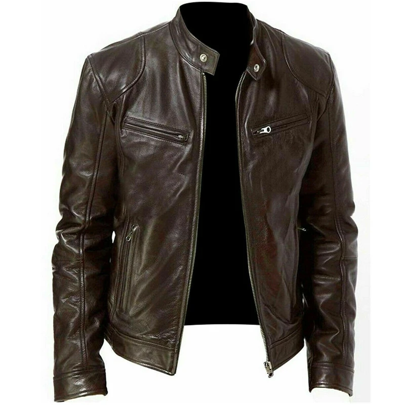 Winter Warm Genuine Black&Brown Leather Jacket Fashion Men Slim Fit Biker Motorcycle Stand Collar Slim Zip Jacket