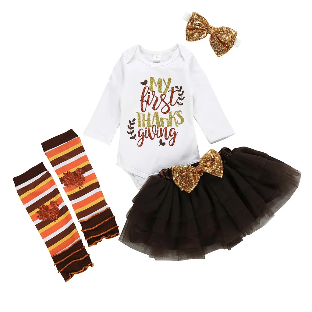 

Baby Girl Thanksgiving Clothes Infant Baby Girls ThanksGiving Day Long Sleeve Romper Tutu Skirt Sequin Hairband Socks Set HOOLER