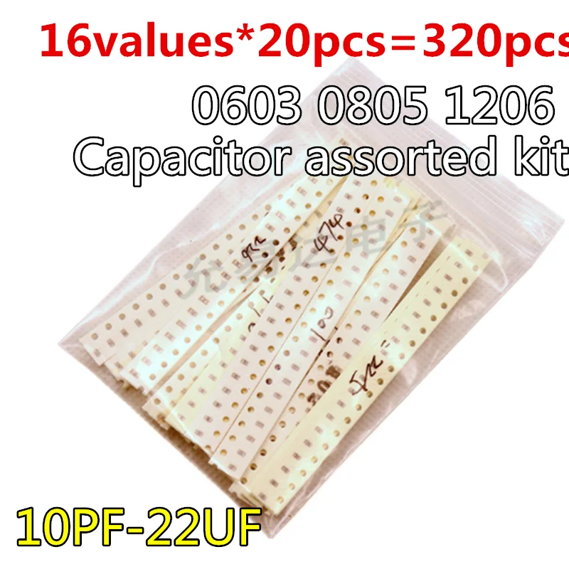 

16values*20pcs=320pcs 0603 0805 1206 SMD Capacitor assorted kit 10PF-22UF 10P 22P 33P 47P 220P 470P 102M Samples kit