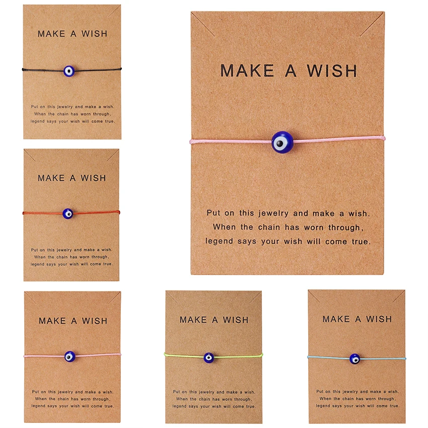 Плетеный браслет с бумажной карточкой и надписью Make a Wish Blue Evil Eye женские