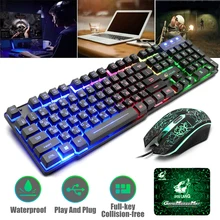 WANGCHAO Game Keyboard and Mouse Combination Metal S-Type Ergonomic Waterproof Design Keyboard and 6 Buttons Adjustable 3200PDI Colorful LED Light Mouse,Tricolorrainbow Gold