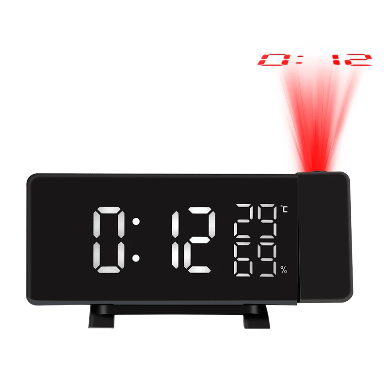 

LED Projection Radio Alarm Clock Digital Temperature and Humidity Display Voice Control Electric Snooze Timer USB Charging Cable