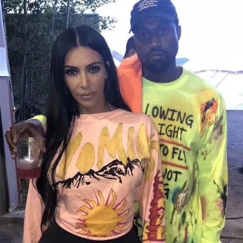 Kanye West, уличная футболка с круглым вырезом, ручная роспись, граффити, длинный рукав, футболка для мужчин и женщин, пуловер, хлопок, хип-хоп Футболка