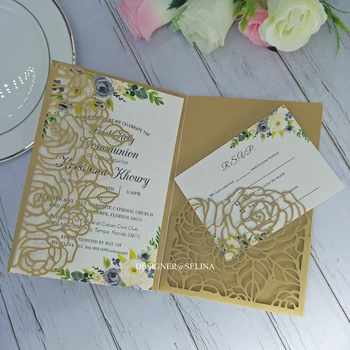

Plum Rose Laser Cut Wedding Invitation Die Cut Pocket Engagement Invite Suit with RSVP Card Gold Quinceanera Invitations