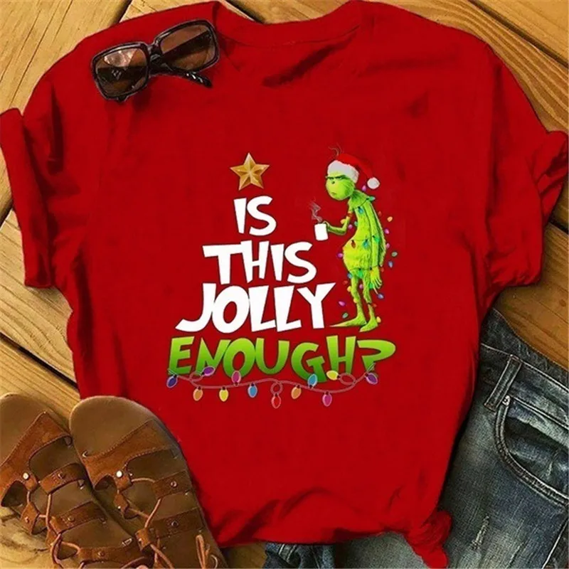 Красный Рождественская футболка с надписью THIS JOLLY ENOUGH для женщин, милые футболки с графическим принтом в виде лица Grinch, повседневная женская футболка в стиле Харадзюку - Цвет: Красный