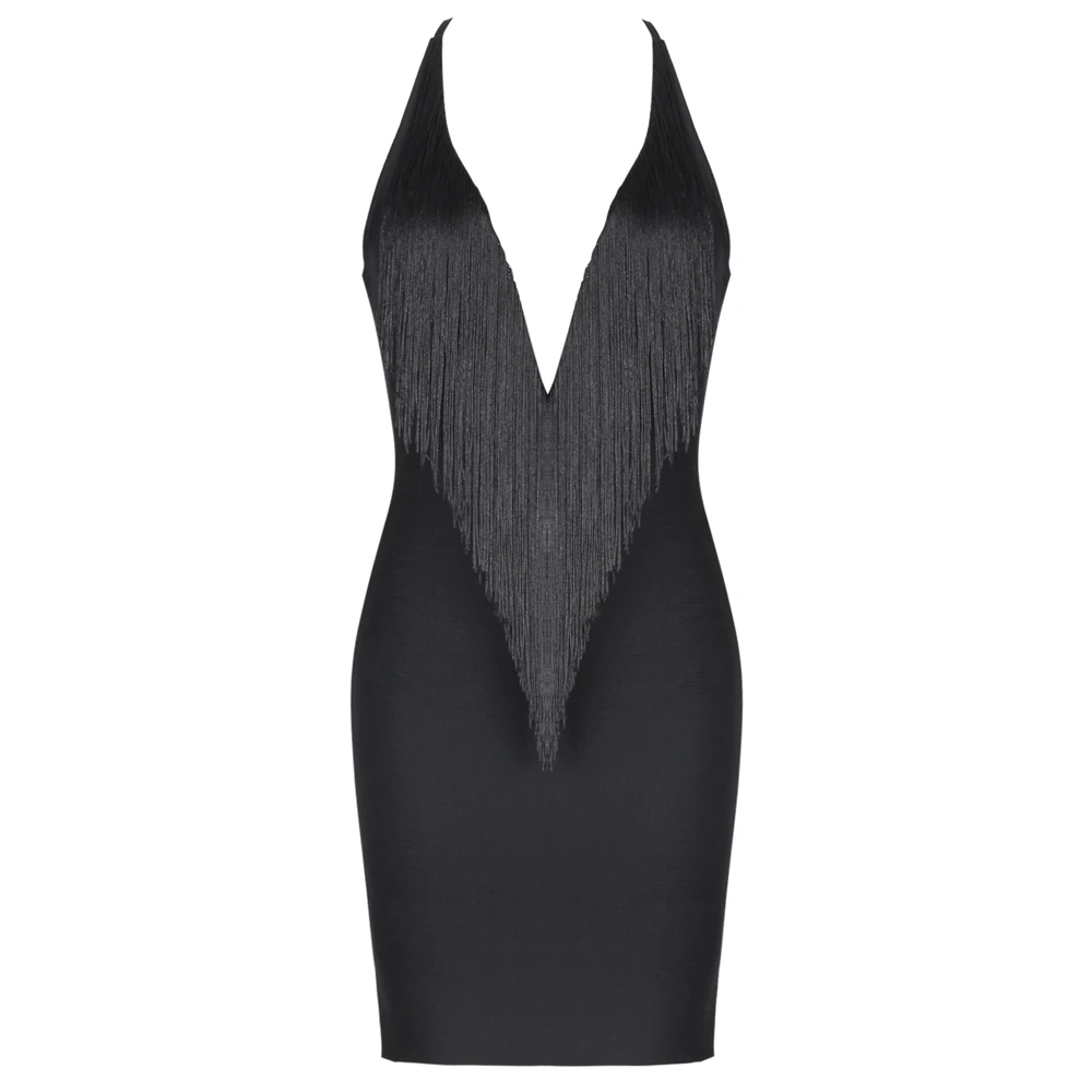Maketina Лето Новое поступление сексуальный район Бандажное Платье черное с v-образным вырезом Утягивающее облегающее платье мини кисточки элегантное Клубное платье с открытой спиной