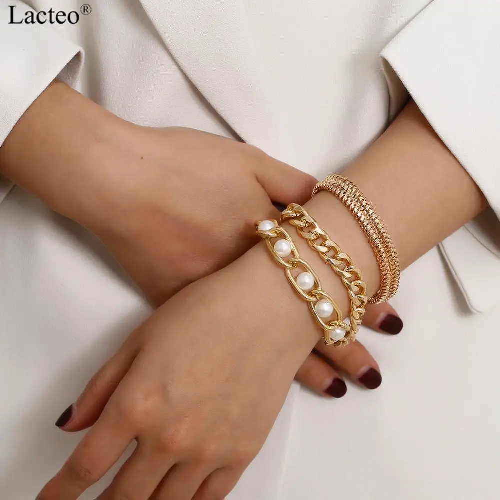 Lacteo в богемном стиле 3 шт./компл. имитация жемчуга Серебряная цепочка браслет ювелирные изделия для Для женщин в стиле «хип-хоп» Золотой толстая цепочка браслет