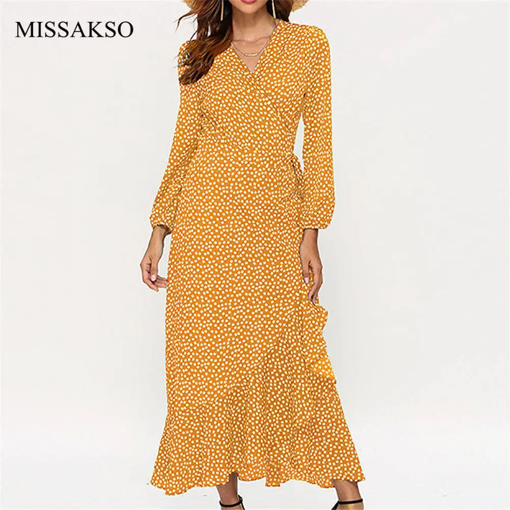 

Antime Women Boho Dress Polka Dot Casual Spring Beach Party Long Sleeve Sashes Tied Autumn Plus Size Ruffle Maxi Dress