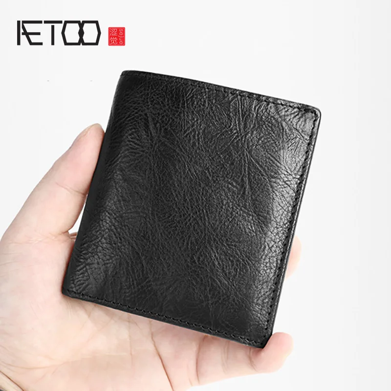 

AETOO Men's short leather simple wallet, trend head leather hand-made wallet, anti-theft brush wallet