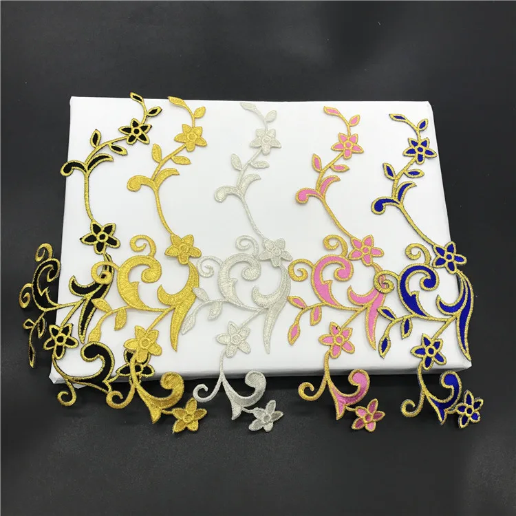 

5Piecs Gold wire Embroidery Patches for clothing Stripes Flower Applique iron on stickers clothes Decoration Sewing Accessories