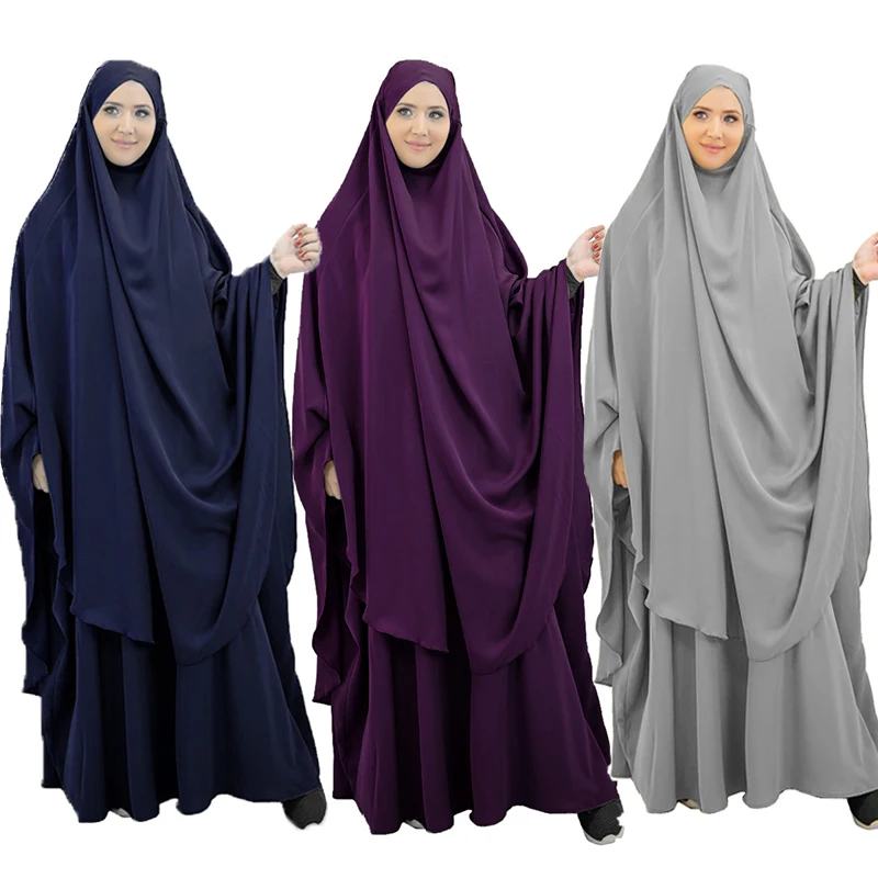 Eid Muslim 2 Piece Prayer Garment Hijab Dress Set Women Long Khimar ...