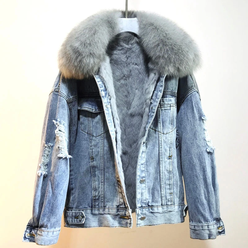 

Winter New Women Warm Coat Real Fox Fur Collar Natural Rabbit Hair Liner Denim Jacket Slim Jean thick Outwear HHPC19
