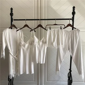 

5pcs Suit Ladies Sexy Silk Satin Pajama Set Female Lace Pyjama Set Sleepwear Autumn Summer Home Wear nightwear For Women