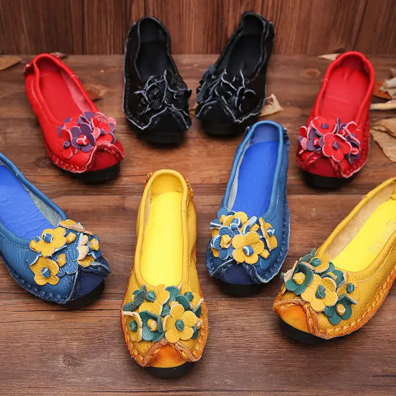 

[] Comfortable WOMEN'S Shoes National Wind Shoes Soft Bottom Low-Cut Middle-aged Mom Shoes Women's Flat Moccosins