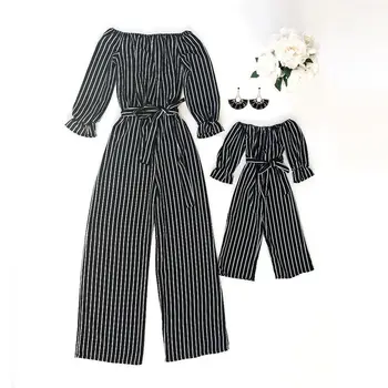 

2019 Family Clothes Mother & Daughter Matching Mom Daughter Fashion Striped Jumpsuit Off Shoulder Long Sleeve Rompers Outfits