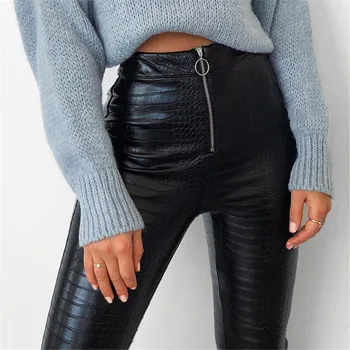 

Black Women Ankle Length Pencil Pants Casual Slim Solid Color Elegant Female Faux Pu Leather Trousers