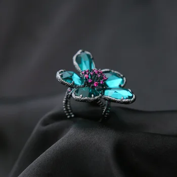 

fashion vintage green big flower open adjustable ring for women wedding gift