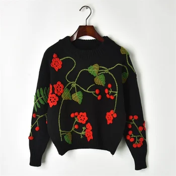 

2018 Autumn Winter New Hook Flower Three-dimensional Cherry Thick Sweaters Women Knitted Pullover Round Neck Vintage Jumpers