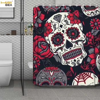 

HUGSIDEA Sugar Skull Printing Bathroom Bathtub Decor Curtain Rose Floral Skull Design Toilet Polyester Waterproof Screen Cortina
