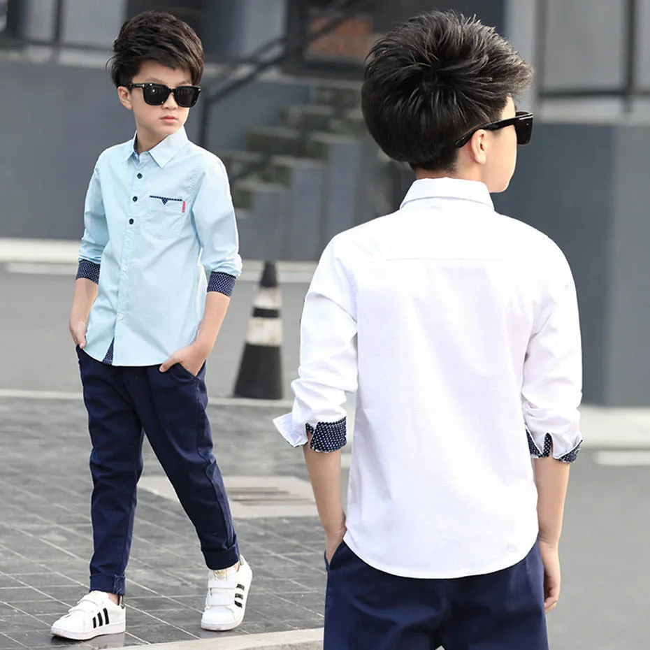 Shirt For Boy Dot Patchwork Boys Shirts Turn Down Collar Kids Blouse For Boys Autumn Korean School Clothes For Boys 6 8 10 12 14