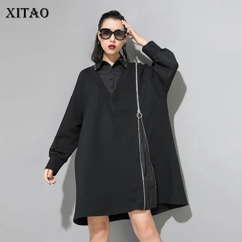 XITAO женский черный длинный свитер элегантный корейский модный элегантный отложной воротник осень ветер холодный ложный два предмета GCC1760