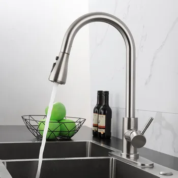 

Brushed Nickel Kitchen Faucet Single Hole Pull Out Spout Kitchen Sink Mixer Tap Stream Sprayer Head Chrome