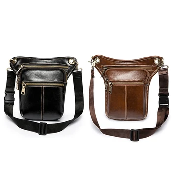

NEW-2 Pcs Waist Pack Men Leather Bag Thigh Belt Travel Male Motorcycle Riding Waist Pouches, Black & Brown
