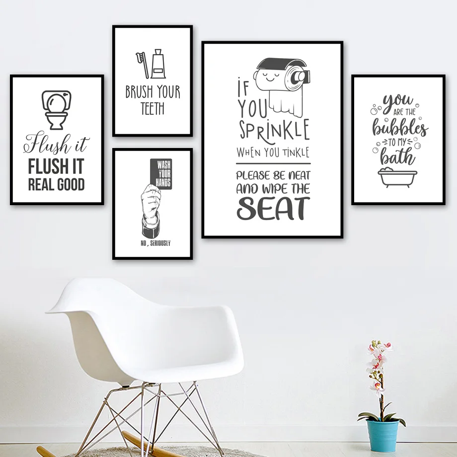 แปรงฟันอาบน้ําห้องน้ําคําคม Wall Art ภาพวาดผ้าใบ Nordic โปสเตอร์และพิมพ์ภาพผนังสําหรับตกแต่งห้องนั่งเล่น 1