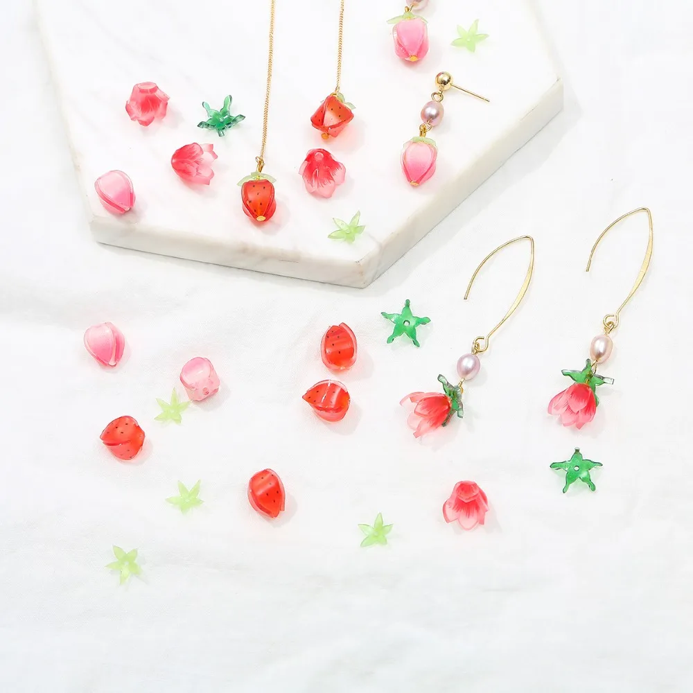 1 satz/los Rosa Rote Erdbeere/Blumen Blätter Knospe Perlen Acryl Charms Perlen für DIY Schmuck Machen Ohrring Halskette Zubehör – Detail 1