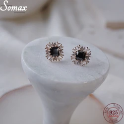 Real 925 Sterling Silver Black Gem Plating 14K Gold Exquisite Commuting Stud Earrings Women Gorgeous Female Jewelry Accessories