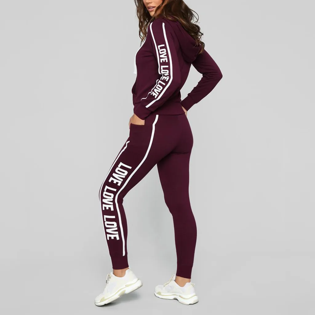 Slim Leisure Love Letter stripe Running Yoga Set Hooded Women Suit Gym Sports Legging Set Fitness Sportswear A7