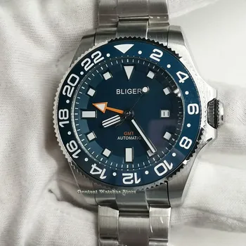

New 43mm BLIGER GMT Sterile Men's Watch Blue dial Sapphire glass date ceramic bezel Automatic Men's Watch Clock