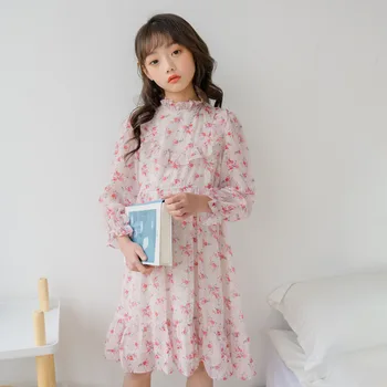 

Children Girls Floral Print Chiffon Dress Teen Girl Long Sleeve Lace Dress 2020 New Autumn Kids Clothing 6 8 10 12 14 years