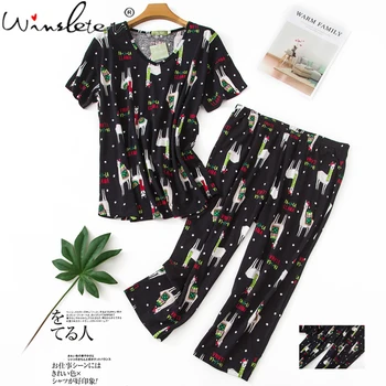 

2020 2 Pieces Thin Summer Pajamas Sets Women Cute Cartoon Alpaca Sleepwear Cotton Short Sleeve Cozy Tee & Pants Nightie P05804B