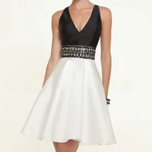 

bridal belt Short Prom A Line CP-3 Black And White Beaded Waist Sexy V neck Keyhole Back Satin bridesmaid dress
