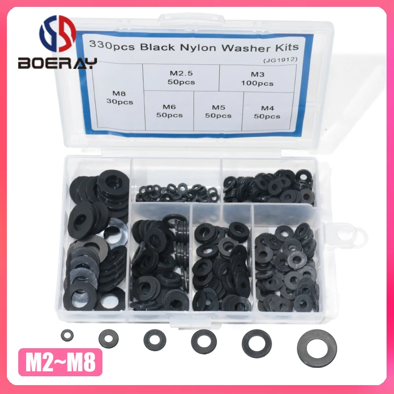 330pcs Nylon Plastic Washers Black Washer Kit with Box M2.5 M3 M4 M5 M6 M8 White Insulation Gasket Ring Set | Обустройство дома