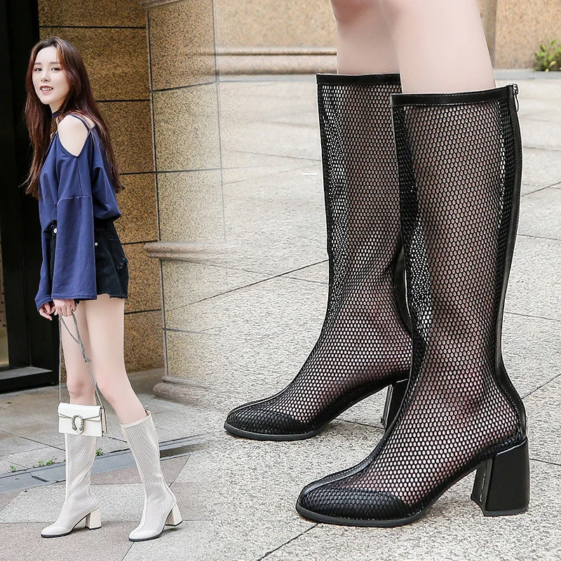 Thick With Zipper Cool Boots Roman Wind Hollow Mesh Sandals Women 2019 Spring And Summer New High-Heeled | Обувь