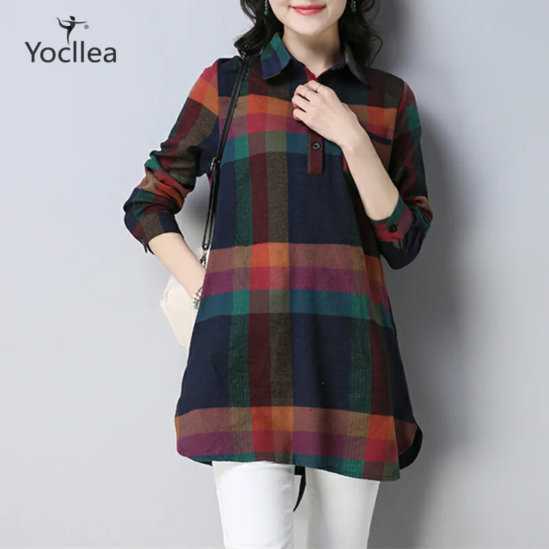 Женская Клетчатая блуза с длинным рукавом и отложным воротником, Офисная рубашка, плюс размер, блуза, рубашки, повседневные топы, Blusas Femininas