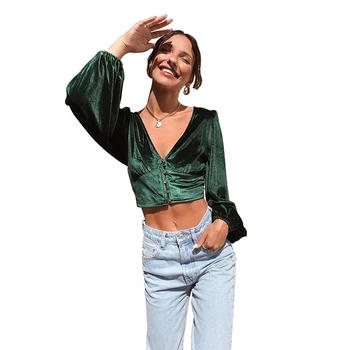2020 Womens Clothing Sexy V-neck Button Puff Long Sleeve Single Breasted Slim T-shirts Casual Solid Green Short Crop Top Women