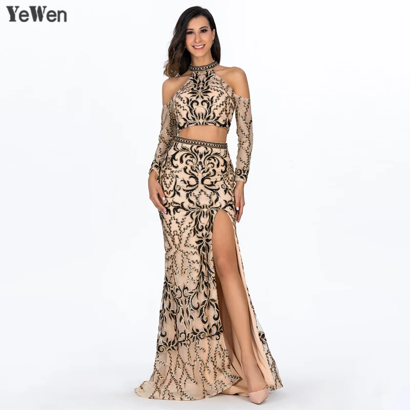 

2020 High Split Evening Dresses Long Sexy V-neck Champagne Lace Prom Women Gorgeous Formal Party Dress 2 piece gown YM20025