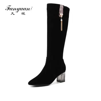 

fanyuan Brand New Fashion 2019 Plus Size 34-48 Chunky Heels Metal Knee High Boots Woman Shoes Chunky Heels Shoes Woman