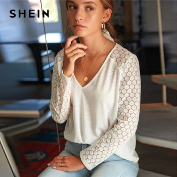 

SHEIN White V-neck Contrast Guipure Lace Tee Women Autumn Tshirt V Neck Solid Sheer Minimalist Casual T-shirts